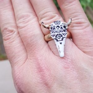 Sante Fe Crystal Steer head Boho Hippie Southwestern Cowgirl Rodeo stretch ring